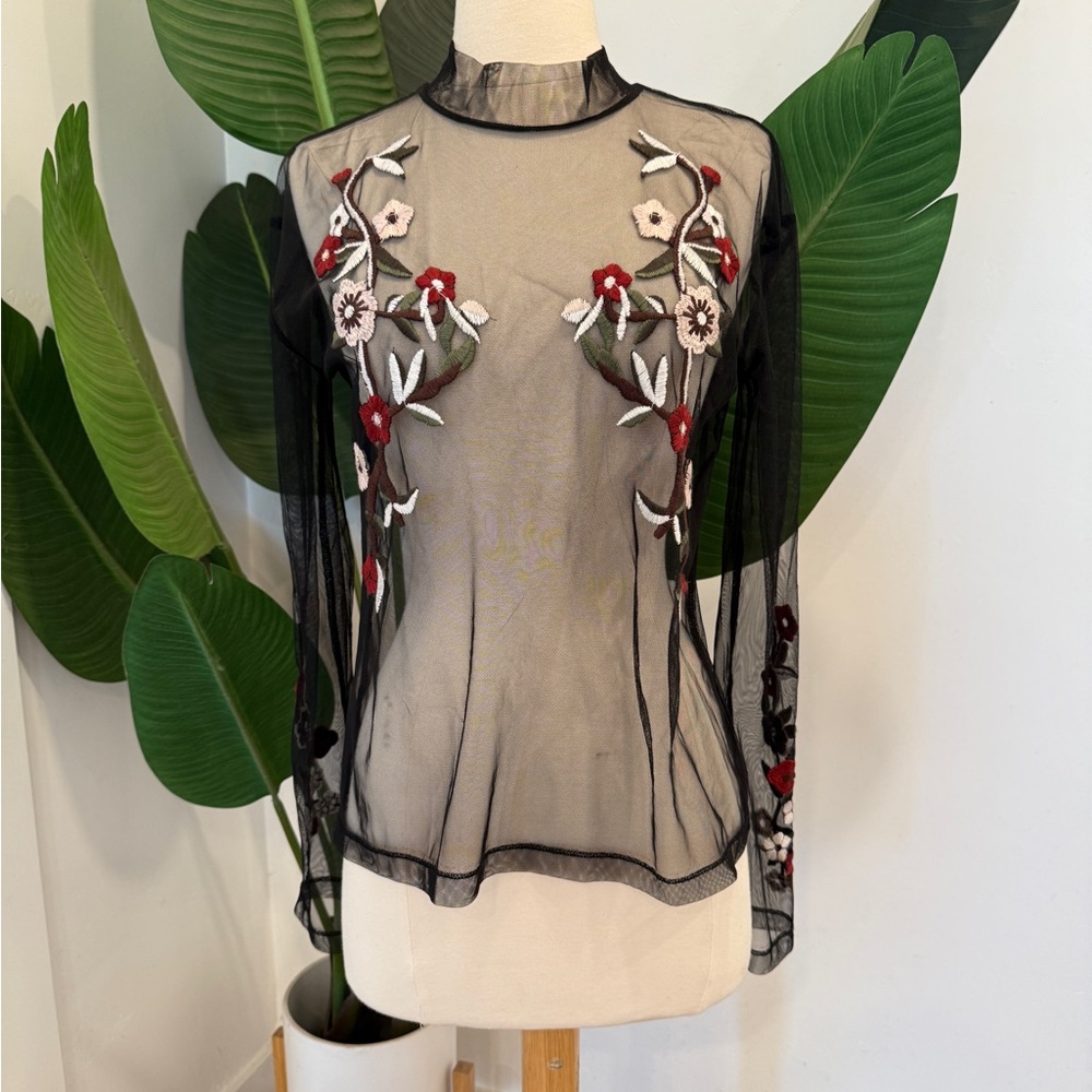 Silence + Noise Black Sheer Embellished Blouse